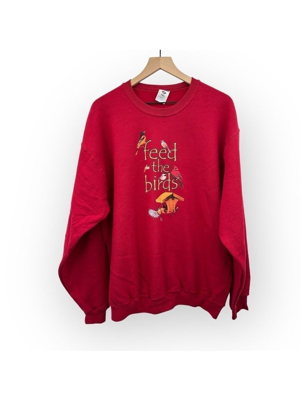 Vintage Jerzees Sweatshirt XL Red 'Feed the Birds' Graphic Print Unisex Pullover
